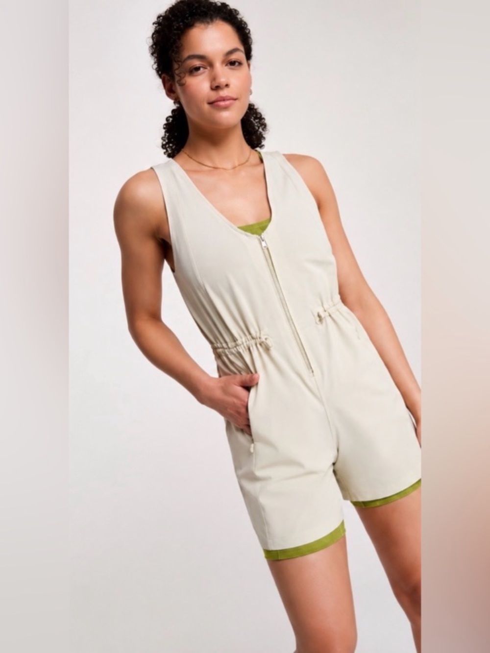 Calia off White/creamSleeveless Zip-Front One Piece Romper with Waist cinch - Picture 2 of 7